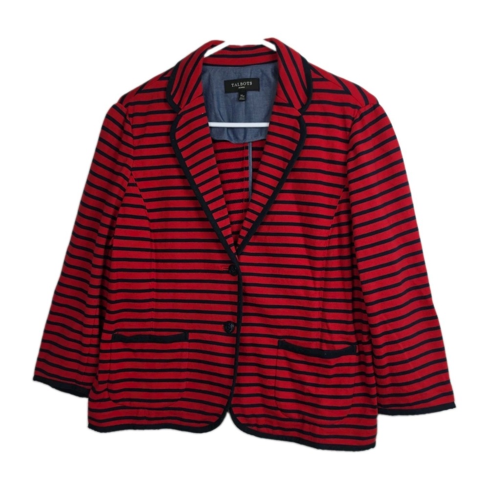 Talbots Petites XLP Blazer Womens Red Navy Stripe Knit 3/4 Sleeve Jacket